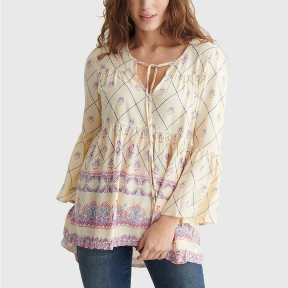 RAGA Tops - RAGA Anthropologie Ivory Border Print Boho Cream Peasant Top Bell Sleeve L